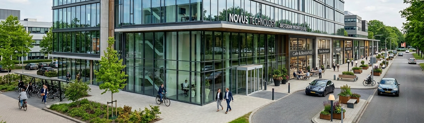 Glass and steel office building with people walking and cars outside